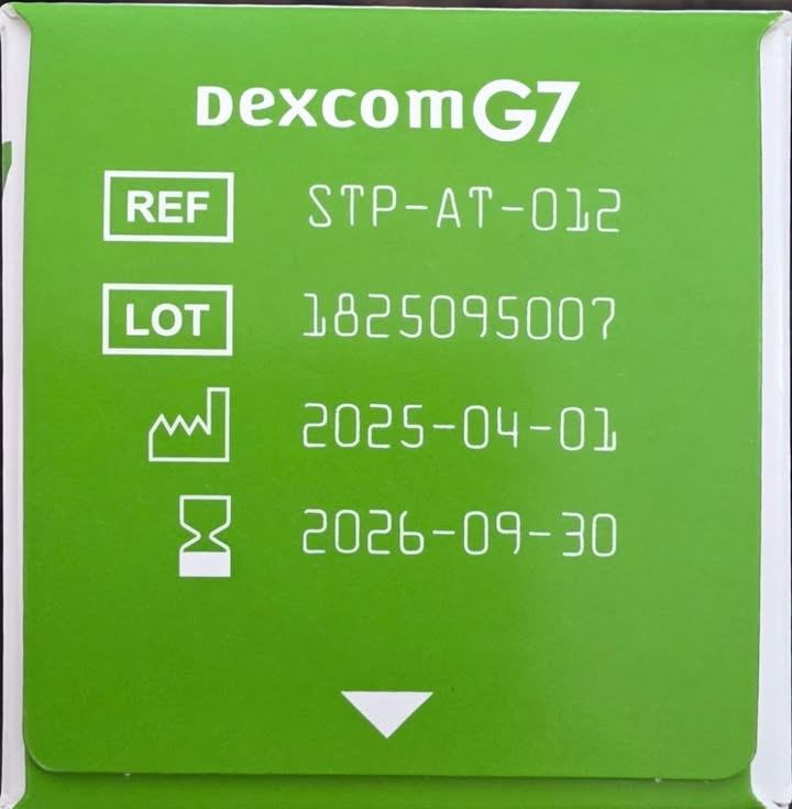 Example of Dexcom G7 box showing REF number and expiration date